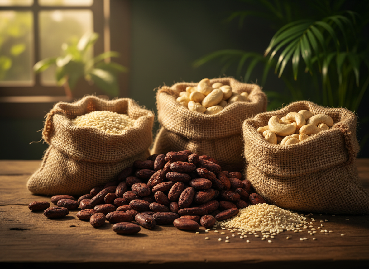 Matières premières agricoles d'Afrique de l'Ouest : cacao, noix de cajou et sésame