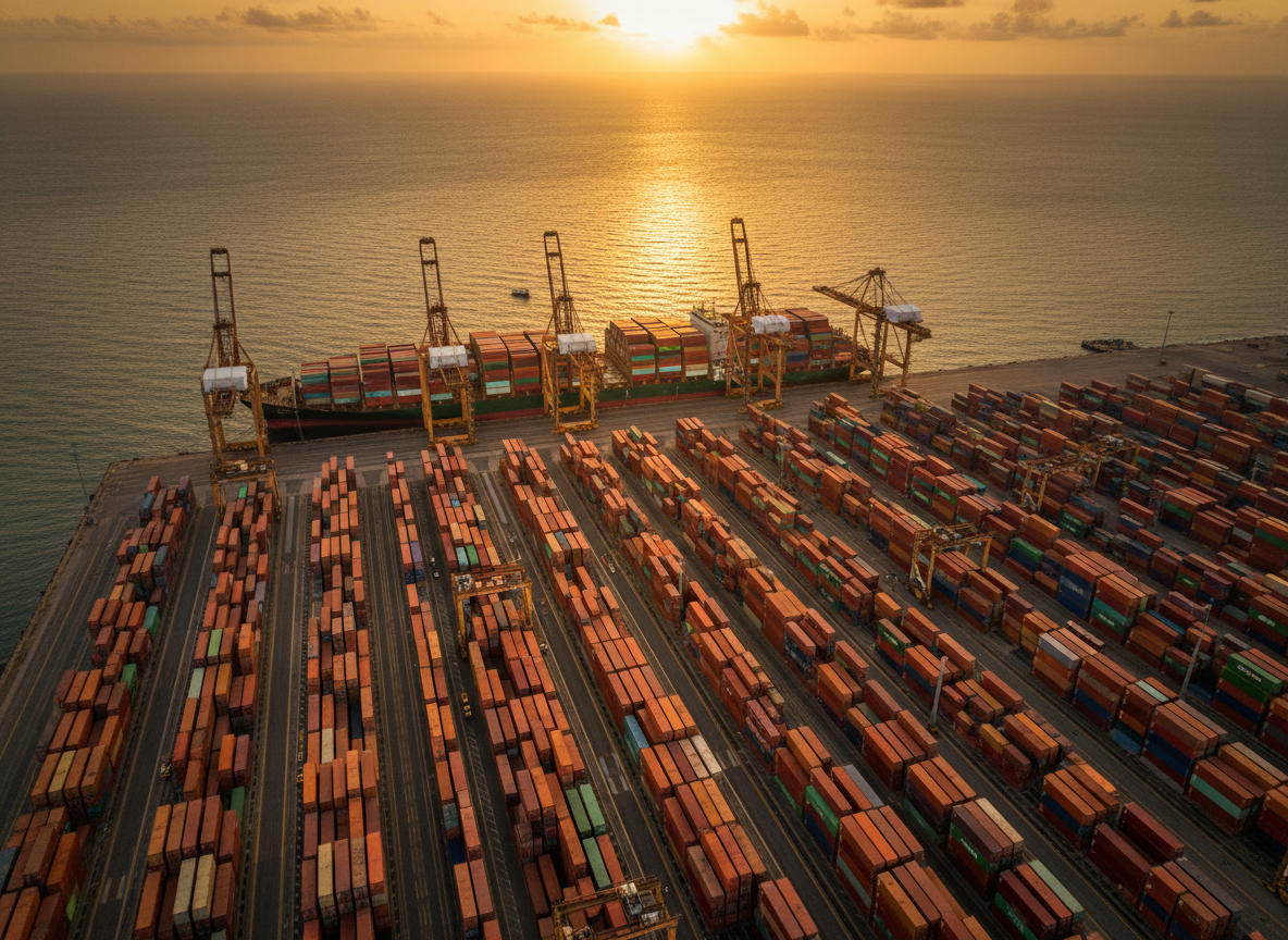 Vue aérienne d'un grand port maritime international en Afrique de l'Ouest au coucher du soleil