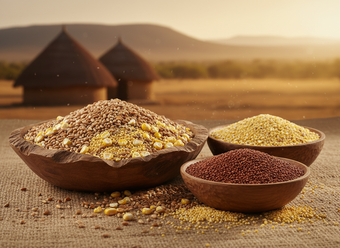 A professional product photography of mixed cereals and grains — wheat, corn, millet, sorghum — displayed in rustic wooden bowls and scattered on a natural surface, warm golden tones, African agricultural context, commercial quality